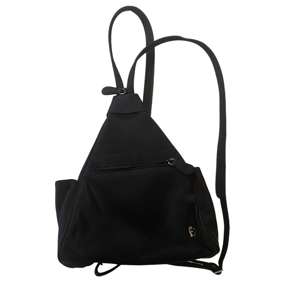 ETIENNE AIGNER small backpack bag purse all black silver logo zipper straps